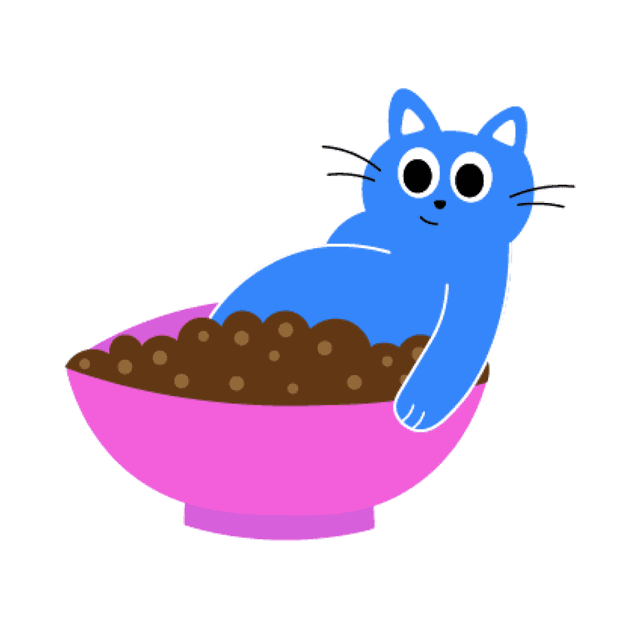 Chubby’s bright blue cat lounging in a food bowl